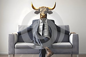 Metaphore of businessman with cow head. Bullish trend of stock market concept