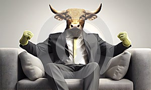 Metaphore of businessman with cow head. Bullish trend of stock market concept