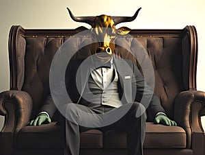 Metaphore of businessman with cow head. Bullish trend of stock market concept