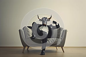 Metaphore of businessman with cow head. Bullish trend of stock market concept