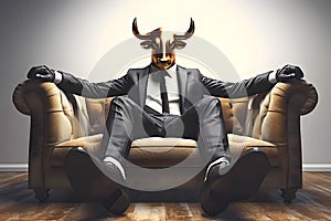 Metaphore of businessman with cow head. Bullish trend of stock market concept