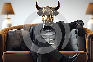 Metaphore of businessman with cow head. Bullish trend of stock market concept