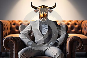 Metaphore of businessman with cow head. Bullish trend of stock market concept