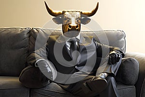 Metaphore of businessman with cow head. Bullish trend of stock market concept