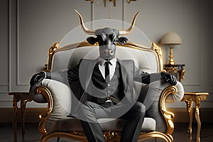 Metaphore of businessman with cow head. Bullish trend of stock market concept