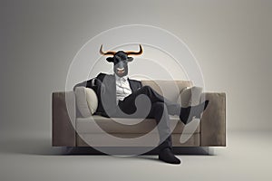 Metaphore of businessman with cow head. Bullish trend of stock market concept