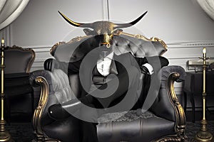 Metaphore of businessman with cow head. Bullish trend of stock market concept