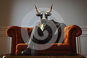 Metaphore of businessman with cow head. Bullish trend of stock market concept