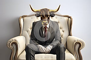 Metaphore of businessman with cow head. Bullish trend of stock market concept