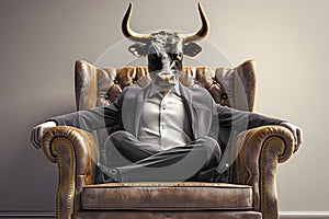 Metaphore of businessman with cow head. Bullish trend of stock market concept photo