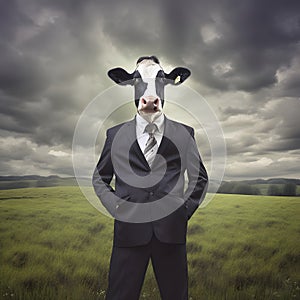Metaphore of strong businessman cow in landscapes photo