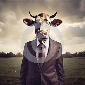 Metaphore of strong businessman cow head isolated on landscape photo