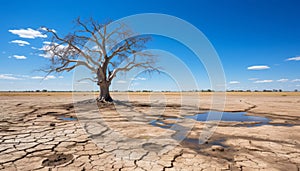 Metaphoric representation of drought and global climate change lifeless trees on cracked, arid earth