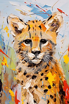 Metaphorical associative card on theme of animal. Leopard or cheetah. In style of impressionism and oil painting