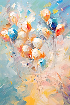 Metaphorical associative card on theme of celebrate. Bright balloons in sky. In style of impressionism and oil painting