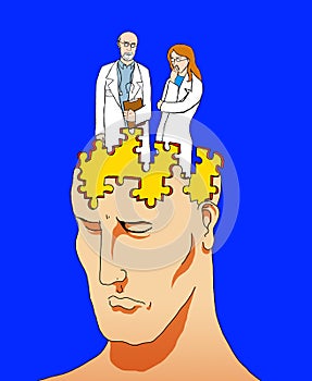 Metaphorical illustration on the study of the human mind in psychiatry with an open head with two scientists analyzing its interio