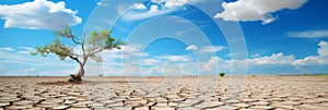 Metaphorical representation of drought and climate change dead trees on dry cracked earth