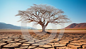 Metaphorical representation of drought and climate change lifeless trees on cracked earth