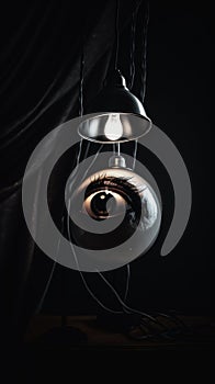 Metaphorical representation of paranoia, a pair of eyeballs hanging from a ceiling light. AI generative image.