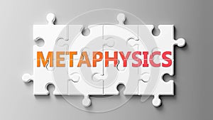 Metaphysics complex like a puzzle - pictured as word Metaphysics on a puzzle pieces to show that Metaphysics can be difficult and