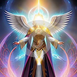 The Metatron. Ancient Archangel with wings and energy emitted from hands. Radiant face. Ai Generated image