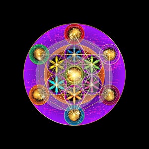 Metatrons Cube,  Flower of Life. Gold Sacred geometry. Old Vintage Mystic icon platonic solids Merkabah, colorful geometric sign