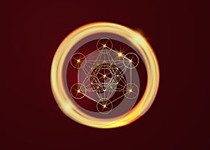 Metatrons Cube,  Flower of Life. Golden Sacred geometry in golden round frame. Vector isolated or dark red background. Mystic gold