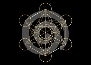 Metatrons Cube, Flower of Life. Golden Sacred geometry, graphic element Vector isolated Illustration. Mystic icon platonic solids photo