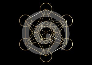 Metatrons Cube, Flower of Life. Golden Sacred geometry, graphic element Vector isolated Illustration. Mystic icon platonic solids