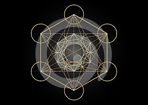 Metatrons Cube, Flower of Life. Golden Sacred geometry, graphic element Vector isolated Illustration. Mystic icon platonic solids