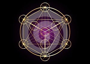 Metatrons Cube, Flower of Life. Sacred geometry, graphic element magic hexagram. Gold Vector isolated. Golden Mystic icon photo