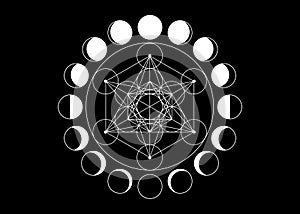 Metatrons Cube, Flower of Life. Sacred geometry, Moon Phases, geometric elements. Mystic icon platonic solids, abstract geometric photo