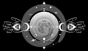 Metatrons Cube,  Flower of Life, Sacred geometry, third eye with hand esoteric spiritual icon and the moon phases. Masonic symbol photo
