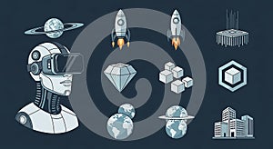 Metaverse, AI, and Space Exploration Flat Design Icon Set