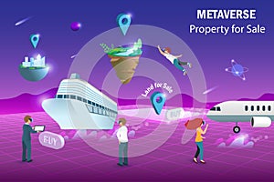Metaverse airplane, cruise ship and land for sale, virtual real estate and property investment technology.  Businessman buy