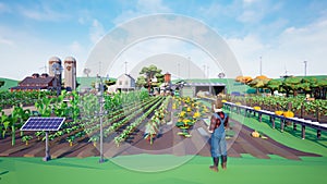 Metaverse avatars of people learning to increase agricultural productivity in smart farm of virtual world, 3d render