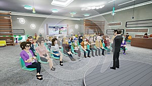 Metaverse avatars of people seminar online in virtual worlds, 3d render