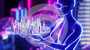The metaverse concept. Woman in VR glasseslooking at cybercity hologram. 3d render siamless loop.