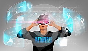 Metaverse digital cyber world technology, Man holding virtual reality glasses surrounded with futuristic interface 3d hologram.