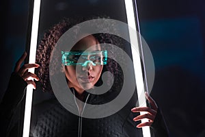 Metaverse digital cyber world technology, young woman with smart glasses, futuristic lifestyle