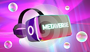 Metaverse futuristic concept with VR virtual reality headset in 3D. Meta verse is a virtual world space simulation technology for