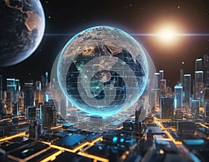 Metaverse glowing digital world planet cyber Earth. Concept general virtual money, Abstract business crypto technology