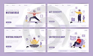 Metaverse landing page template collection. Elderly women wearing VR glasses. Augment reality or Cyberspace concept