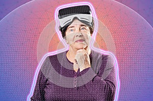 Metaverse. Portrait of caucasian happy thoughtful senior woman in VR glasses. Pink background with neon grid and sphere