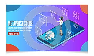 Metaverse Shopping online concept for website, mobile application, web banner, info graphics or discount coupons. Vector