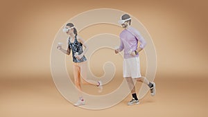 Metaverse sport woman and man running and training while wearing a virtual reality headset.