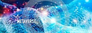 Metaverse technology, Blockchain and data, Hands of robots  touching network connection on global metaverse, Virtual reality,