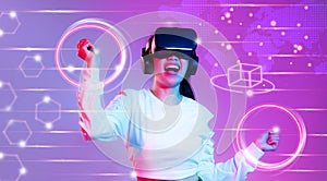 Metaverse technology concept. Asian woman wearing vr goggles headset connecting online internet of thinks. Virtual space