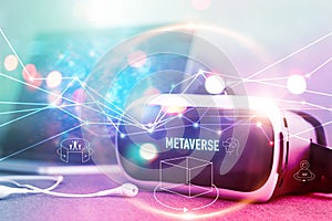 Metaverse technology concept, VR virtual reality goggle on colorful background, Metaverse Visualization simulation, 3D, AR, VR,