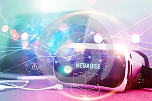 Metaverse technology concept, VR virtual reality goggle on colorful background, Metaverse Visualization simulation, 3D, AR, VR, photo